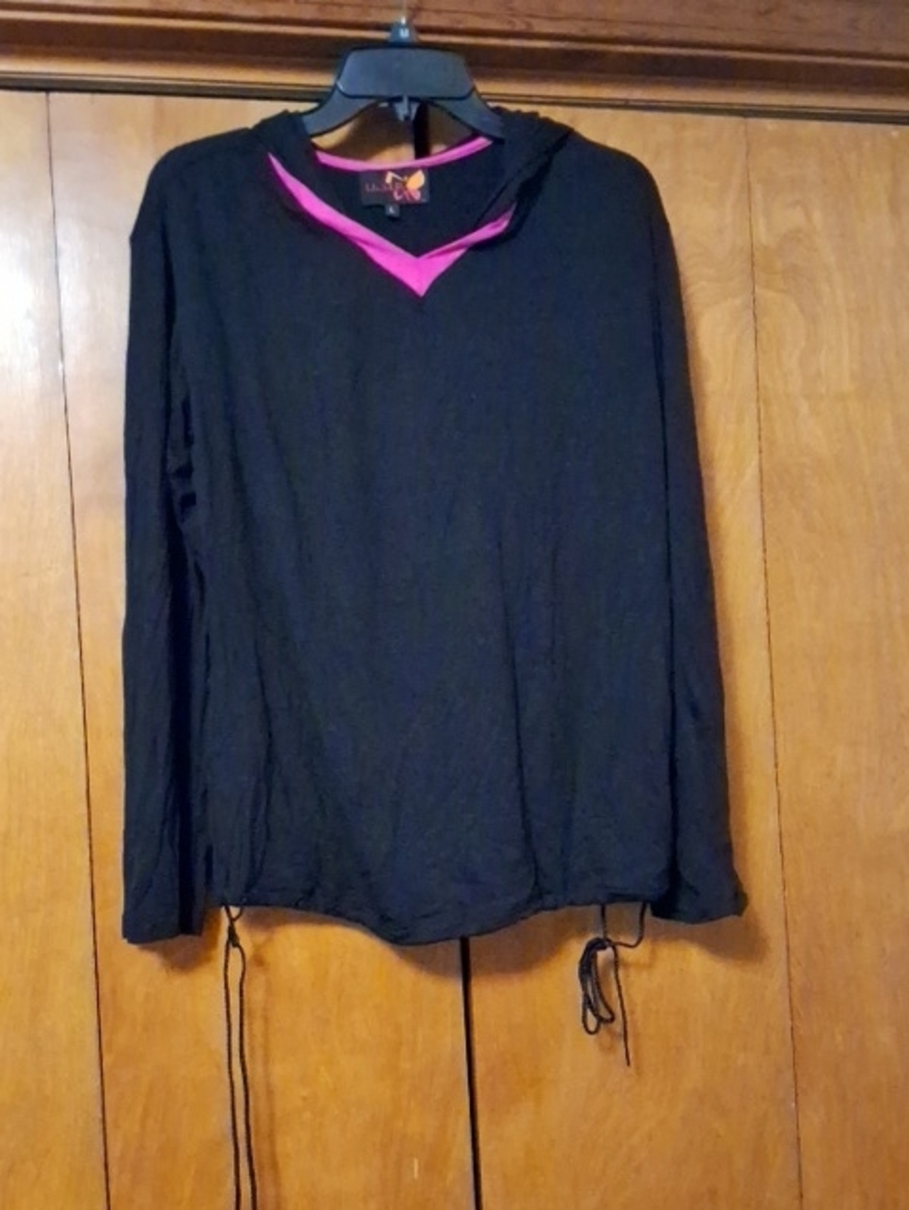 Women's Black V-Neck Hoodie with Pink Trim